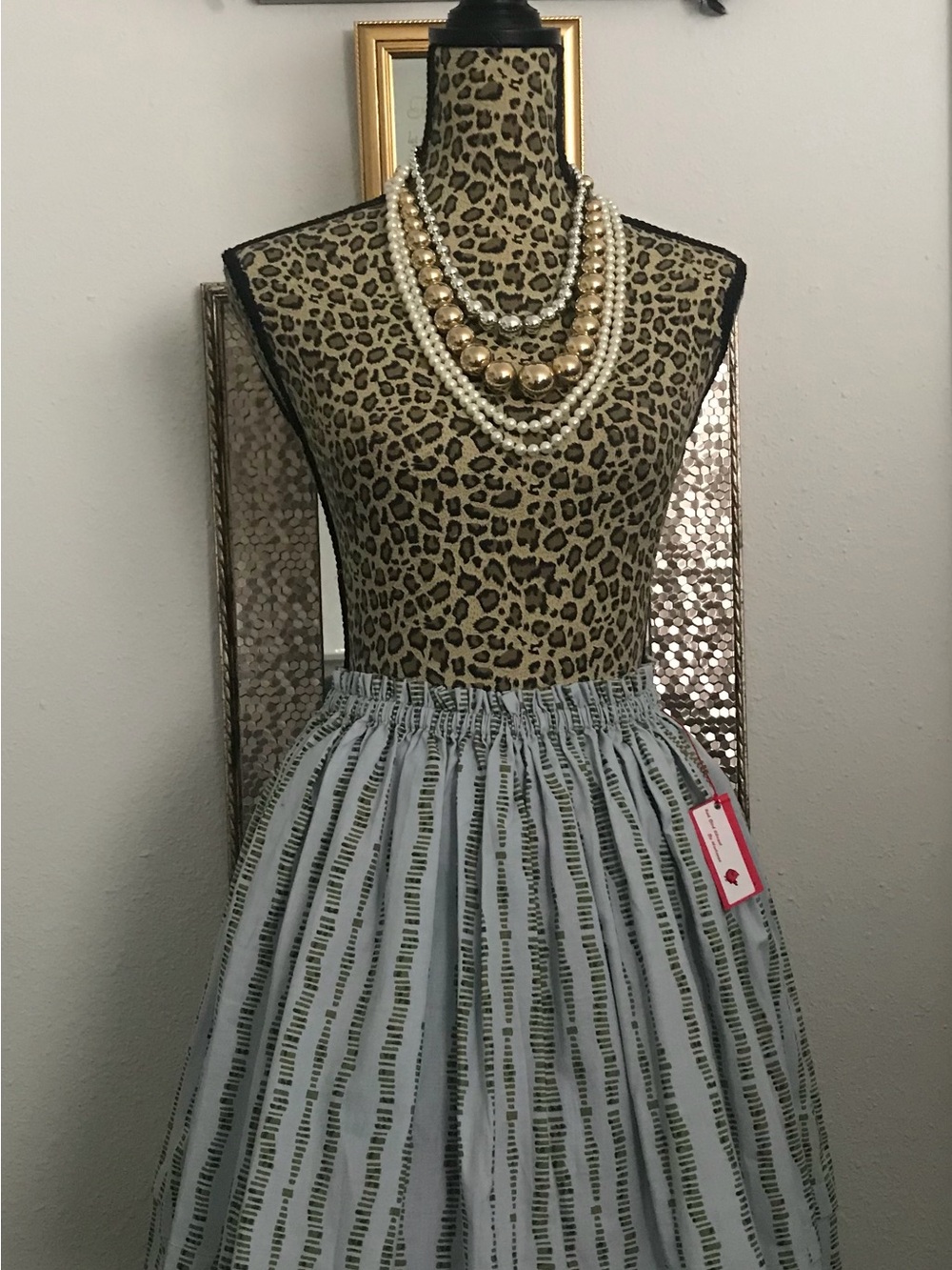Striped Light Gray Circle Skirt with Olive Accent - Elastic Waist